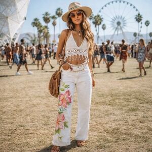 Lauren Jeans CO. Floral White Pants 100% Cotton Size 6 Boho Coachella Style